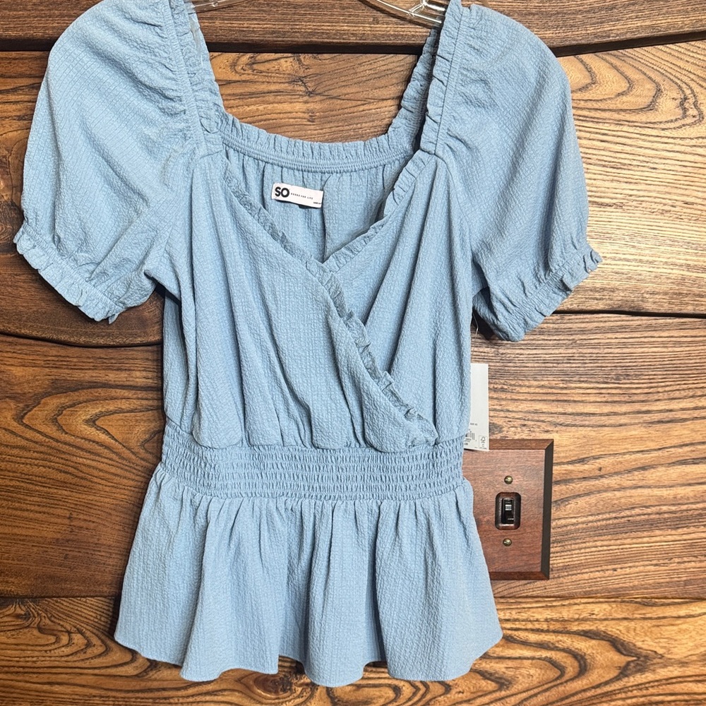 SO Women's Light Blue Smocked Blouse